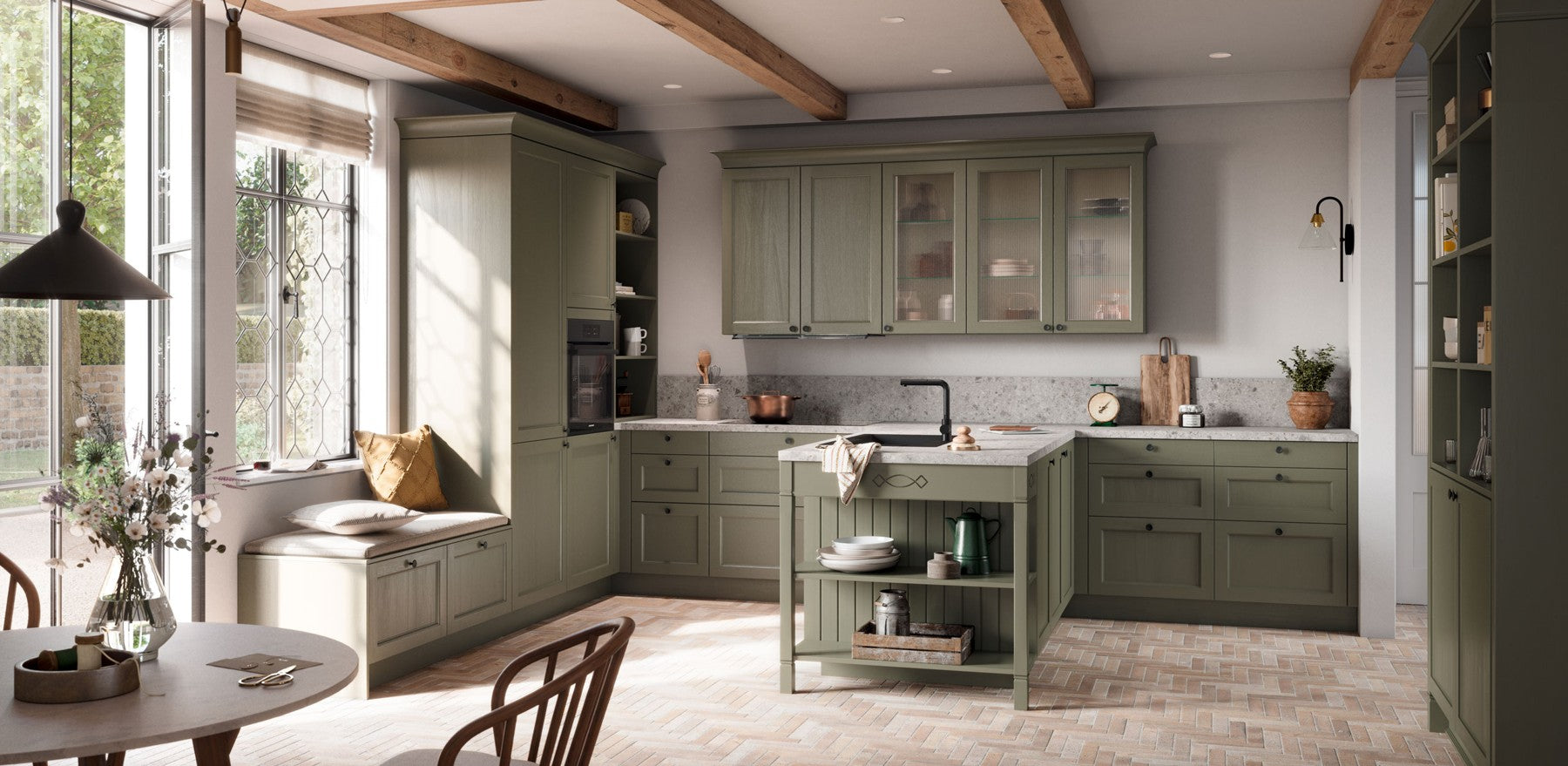 framed kitchen in emerald green